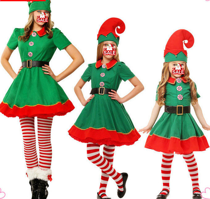 Halloween Costume Adults Kid Green Christmas Elf Clothing Cosplay Parent-Child Wear Adult Children Men Women Xmas Party Costume