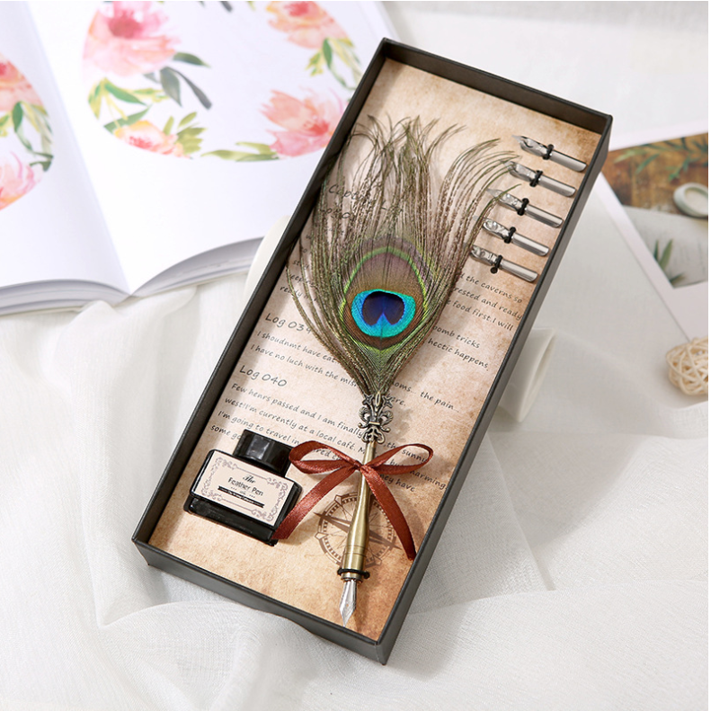 Luxury gift quill custom  feather calligraphy  stationery pen set