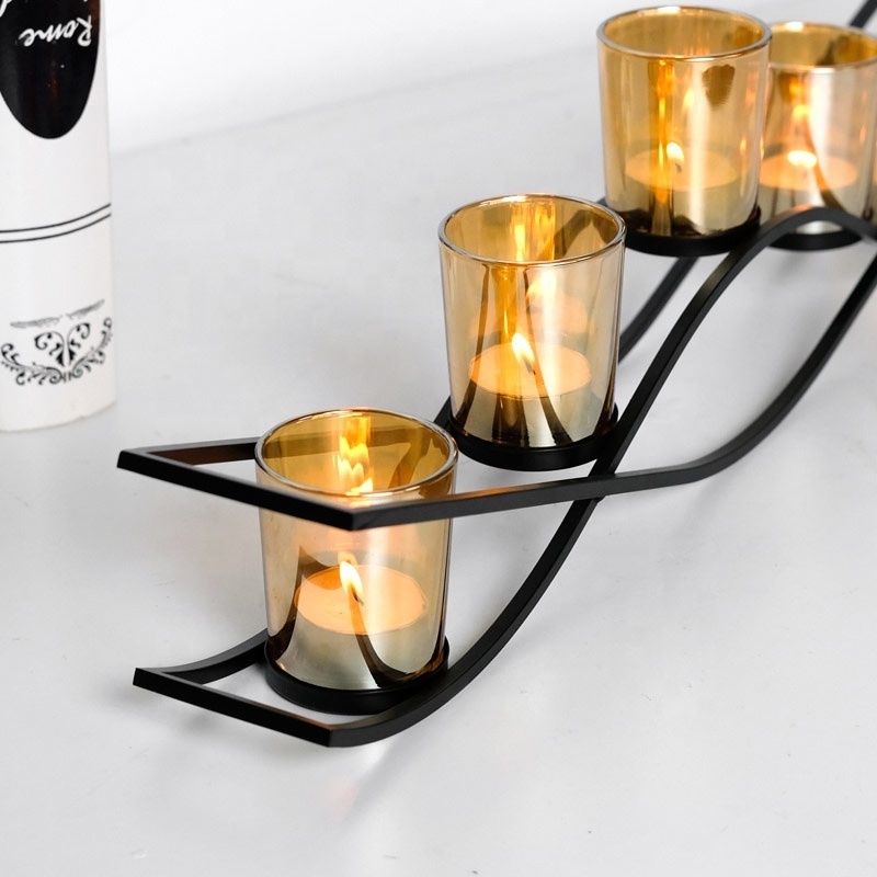 Home Decoration Candlestick Holder Gold Electroplated Glass and Metal Tea Light Candle Holders  with 5 Sets Candle Light Cup