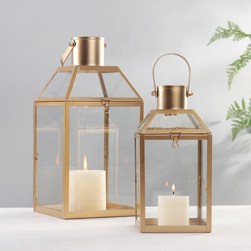 Gold Metal With Glass Candle Lantern for Home Decor Wedding Centerpiece Garden Lantern With Handle Metal Lantern for candle