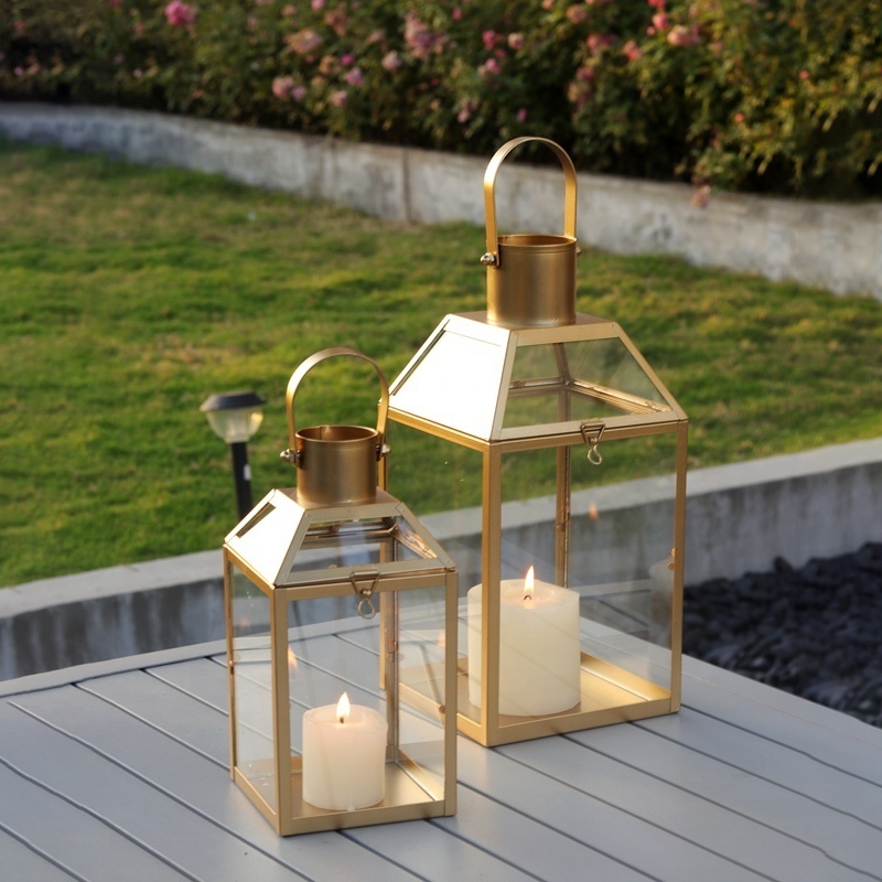 Gold Metal With Glass Candle Lantern for Home Decor Wedding Centerpiece Garden Lantern With Handle Metal Lantern for candle