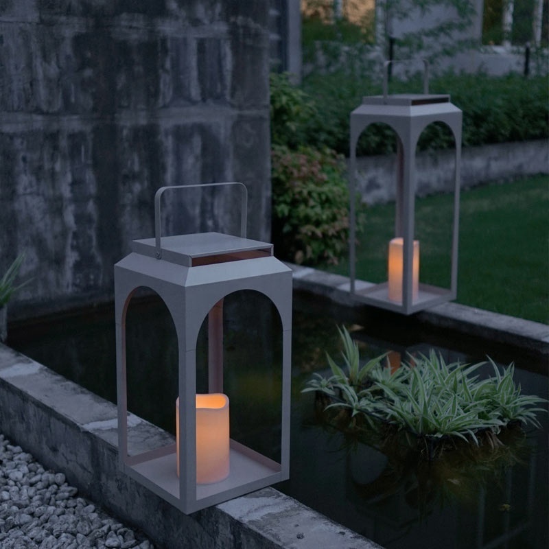 Home Decor Indoor Outdoor, tabletop  Modern Farmhouse Lantern Decor Gray Metal Candle Lanterns With Flickering LED Candles