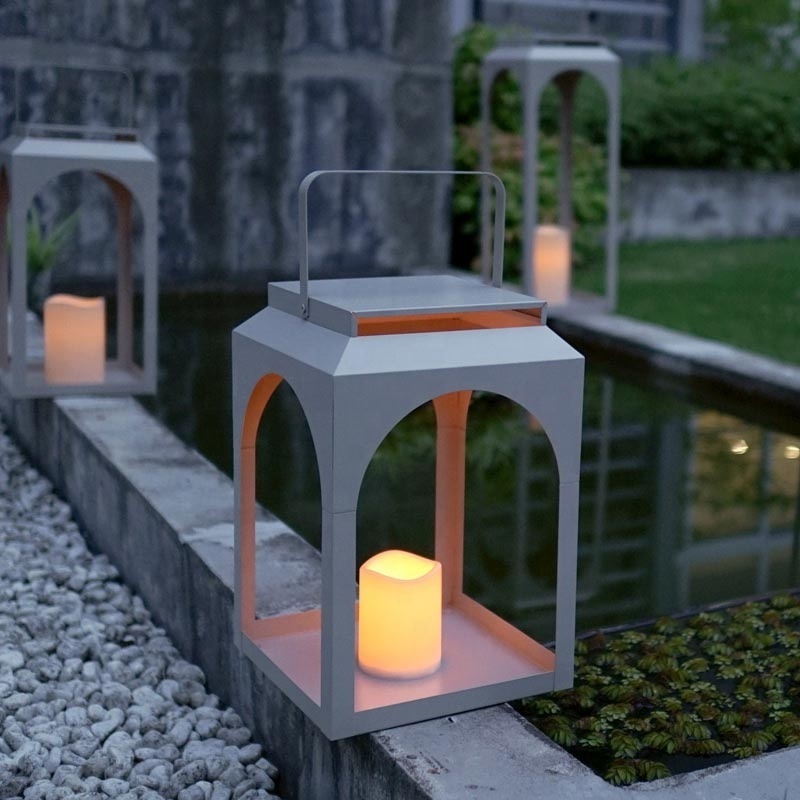 Home Decor Indoor Outdoor, tabletop  Modern Farmhouse Lantern Decor Gray Metal Candle Lanterns With Flickering LED Candles