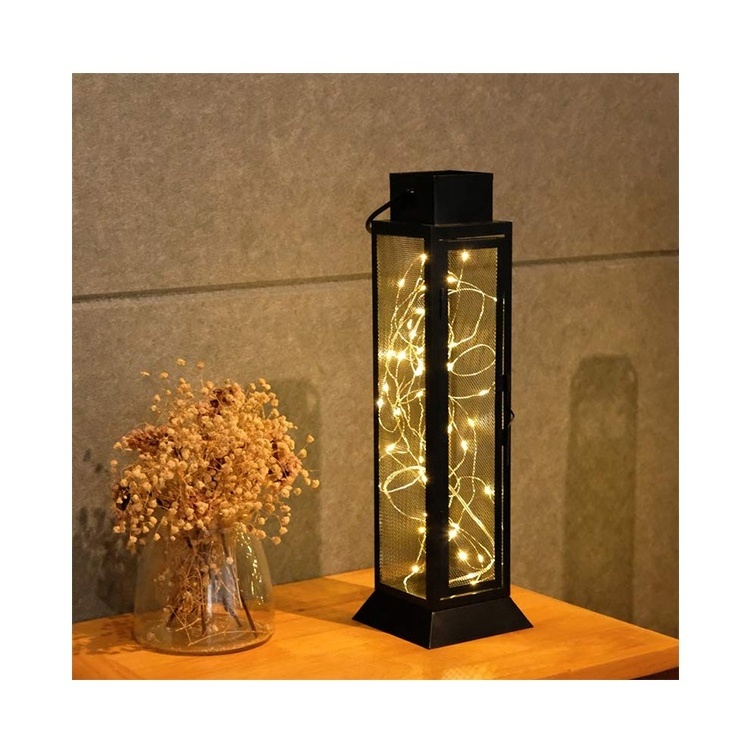 Factory Wholesale Indoor Home Table Decoration Square Black Decoration Lantern Metal Hanging Stand Lantern With Led Light