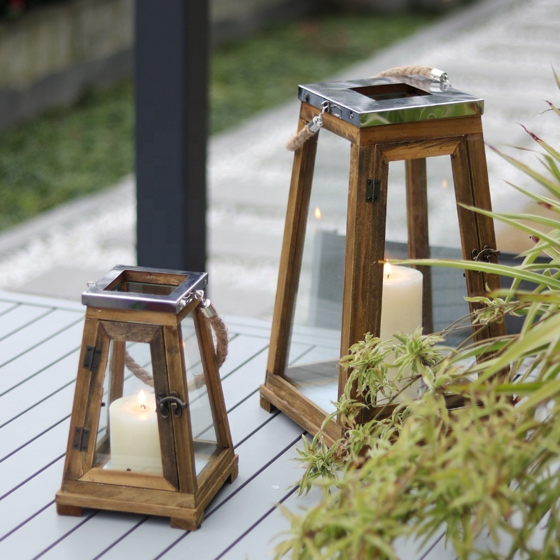 Wooden And Metal Lanterns With Hemp Rope Handle For Candle Home Decor And Outdoor Garden Wood Decorative candle Lantern