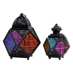 Moroccan Vintage Metal Candle Lantern with Colored Glass Antique Metal Candle Lantern for Indoor and Outdoor Garden Decor