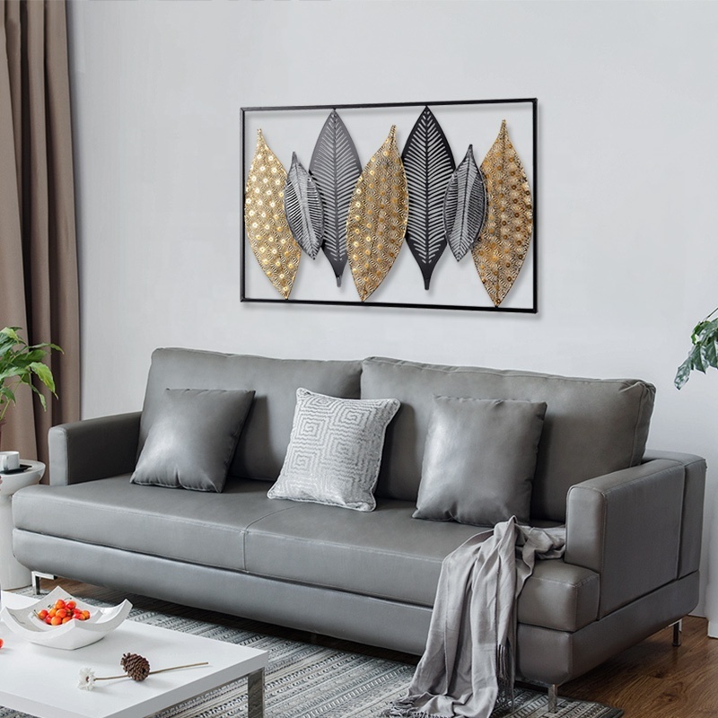 3D Modern Rectangle Home Decor Metallic Grid Leaf Design Metal Art Wall Decorations For Living Room