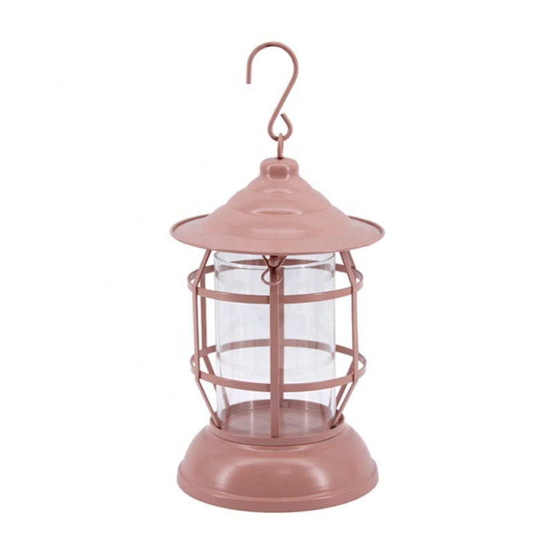 Wholesale Home And Garden Decoration Metal Wire Pink Hanging Candle Holder Outdoor Candle Lantern