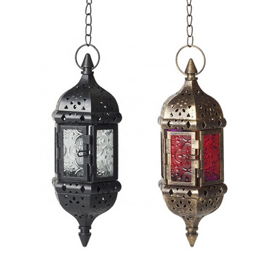 Metal Antique finish Hanging moroccan Candle Lantern For Wedding Decorative Lanterns With Colored Glass Lantern For Home Decor