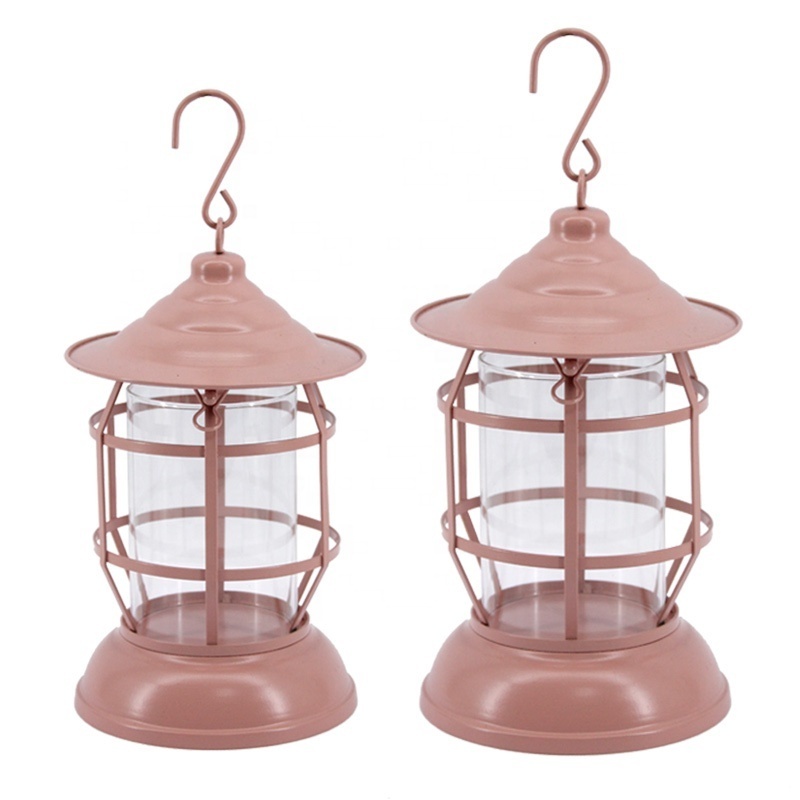 Wholesale Home And Garden Decoration Metal Wire Pink Hanging Candle Holder Outdoor Candle Lantern