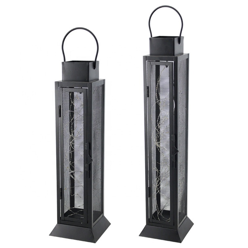 Factory Wholesale Indoor Home Table Decoration Square Black Decoration Lantern Metal Hanging Stand Lantern With Led Light