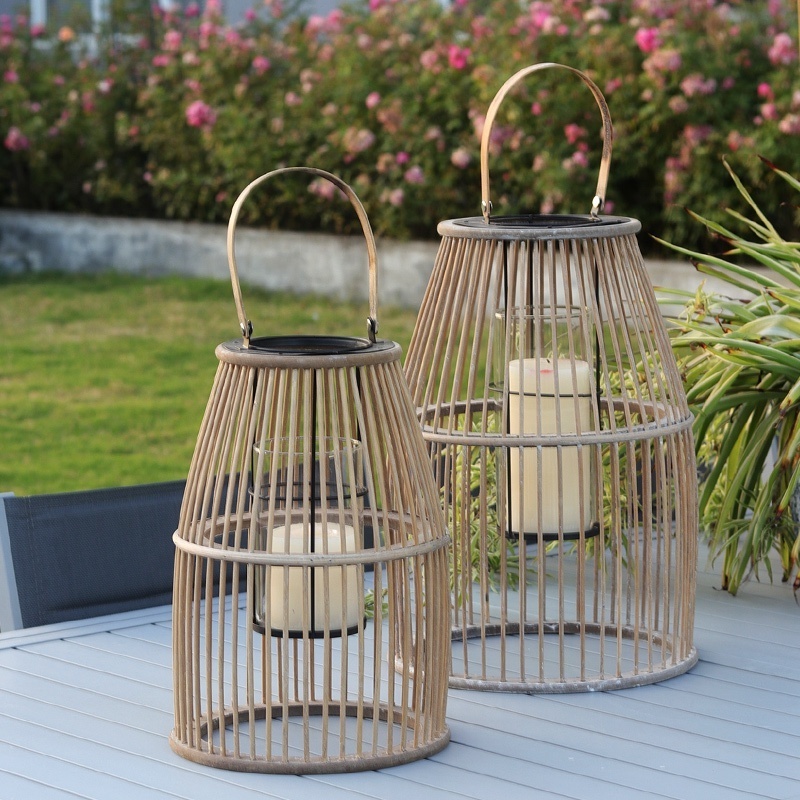 Rattan weaving storm lantern Bamboo Woven Candle Holder With Handle Outdoor And Indooe Both Wooden Lantern for Home decor