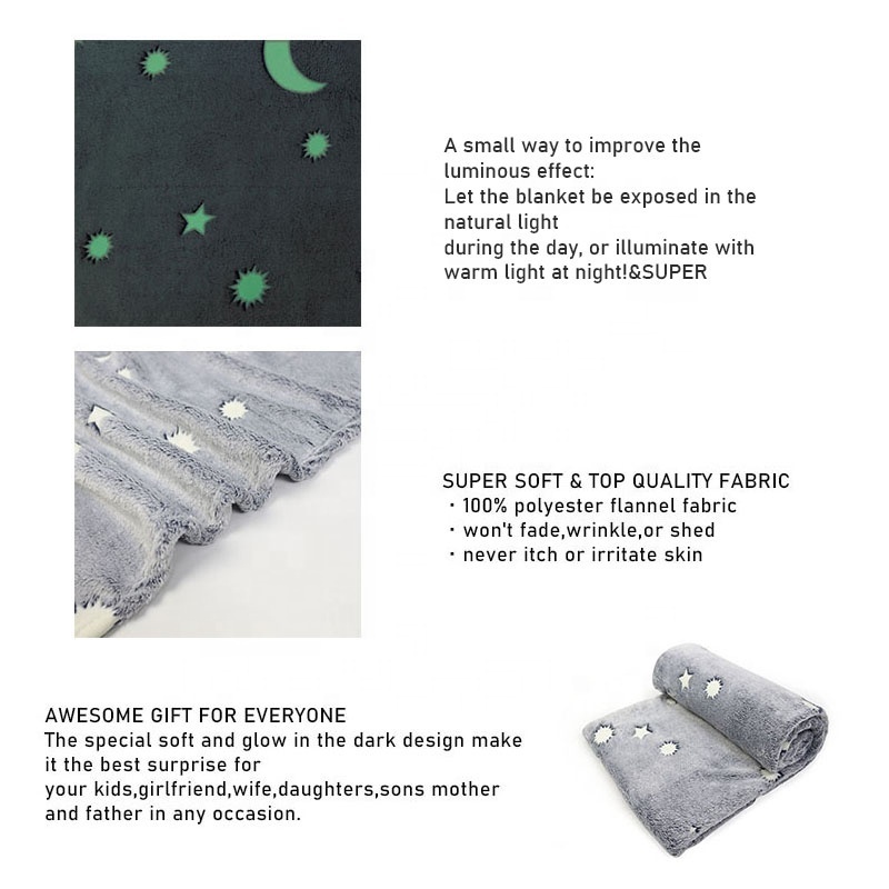 new cozy luxurious super soft fuzzy stars moon pattern grey glow in the dark flannel plush shining luminous baby throw blanket