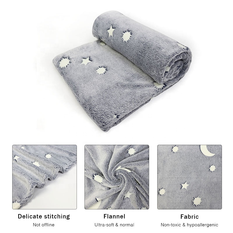 new cozy luxurious super soft fuzzy stars moon pattern grey glow in the dark flannel plush shining luminous baby throw blanket