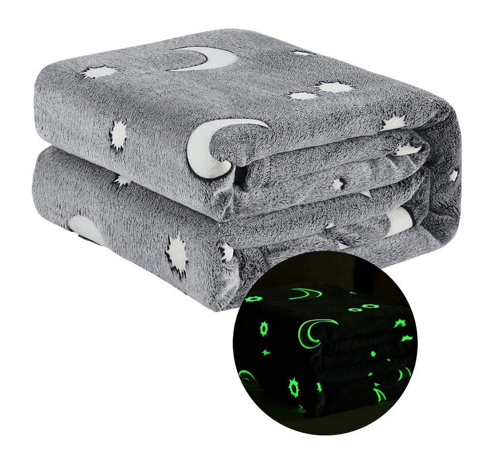 new cozy luxurious super soft fuzzy stars moon pattern grey glow in the dark flannel plush shining luminous baby throw blanket