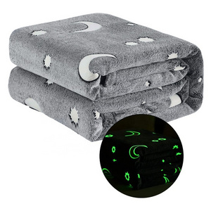 new cozy luxurious super soft fuzzy stars moon pattern grey glow in the dark flannel plush shining luminous baby throw blanket