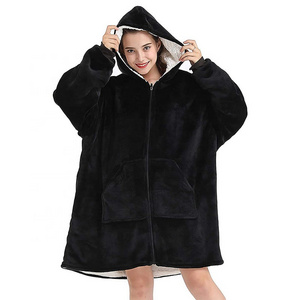 Deep Pockets Hoodie Oversize Wearable Blanket Zipper Front Fleece Wearable Oversized Hoodie Throw Blanket for Winter