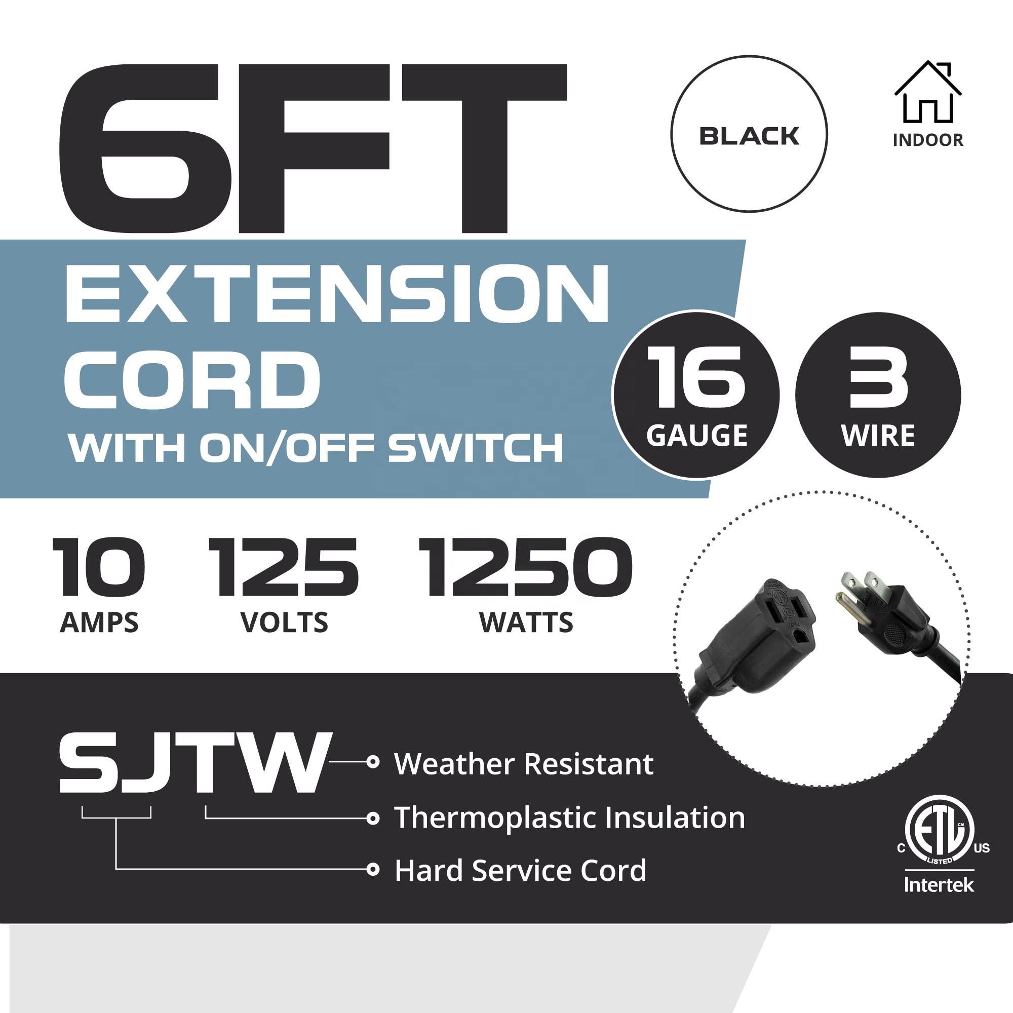 16/3 SJTW 6 FT 10Amp Power Switch with 3 Prong Black Household Outlet Electrical Switch Inline Extension Cord with On-Off Switch