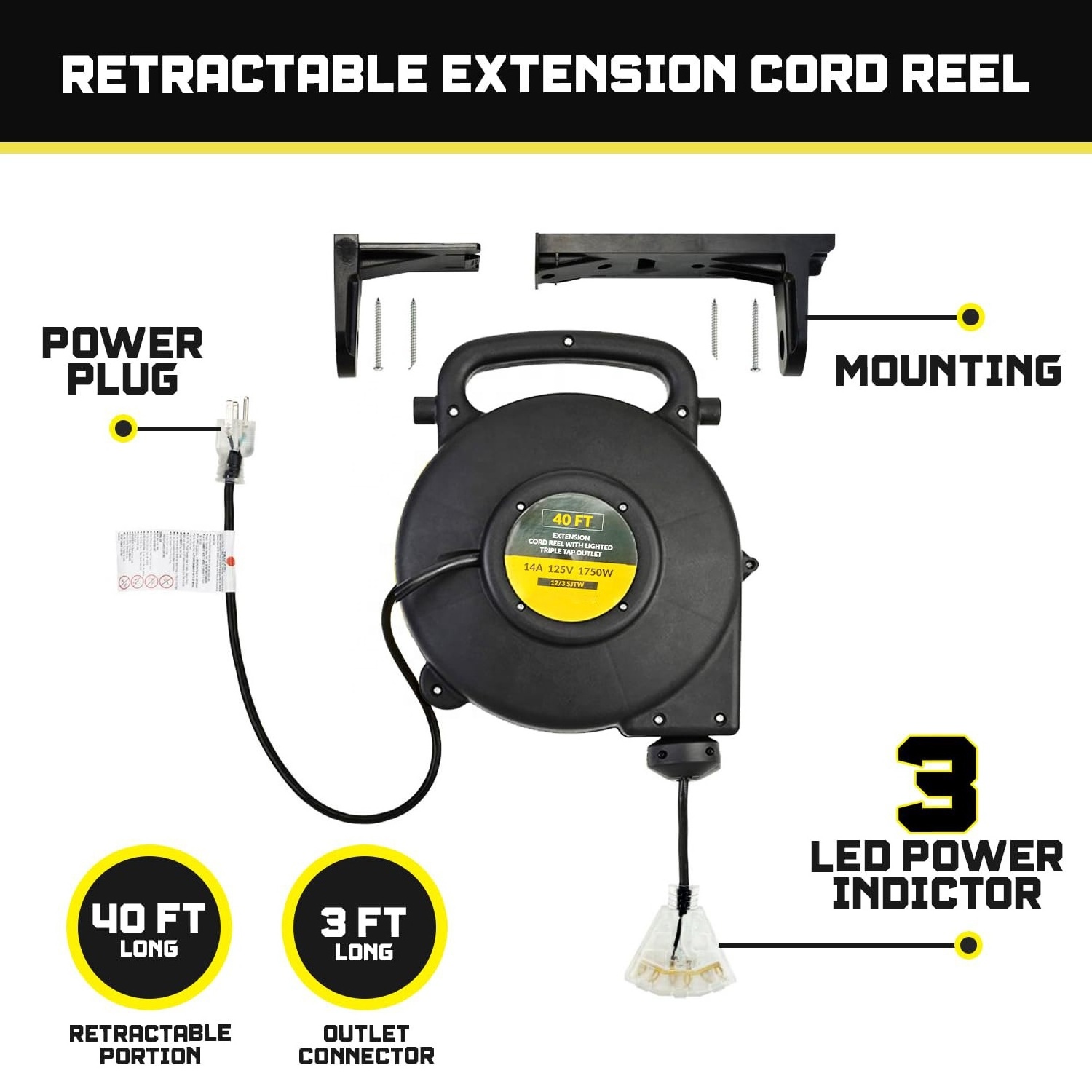 40 FT 12AWG Triple Outlet Electric Cord Reel with Light Indicator Ceiling/Wall Mount Retractable Extension Cord Reel