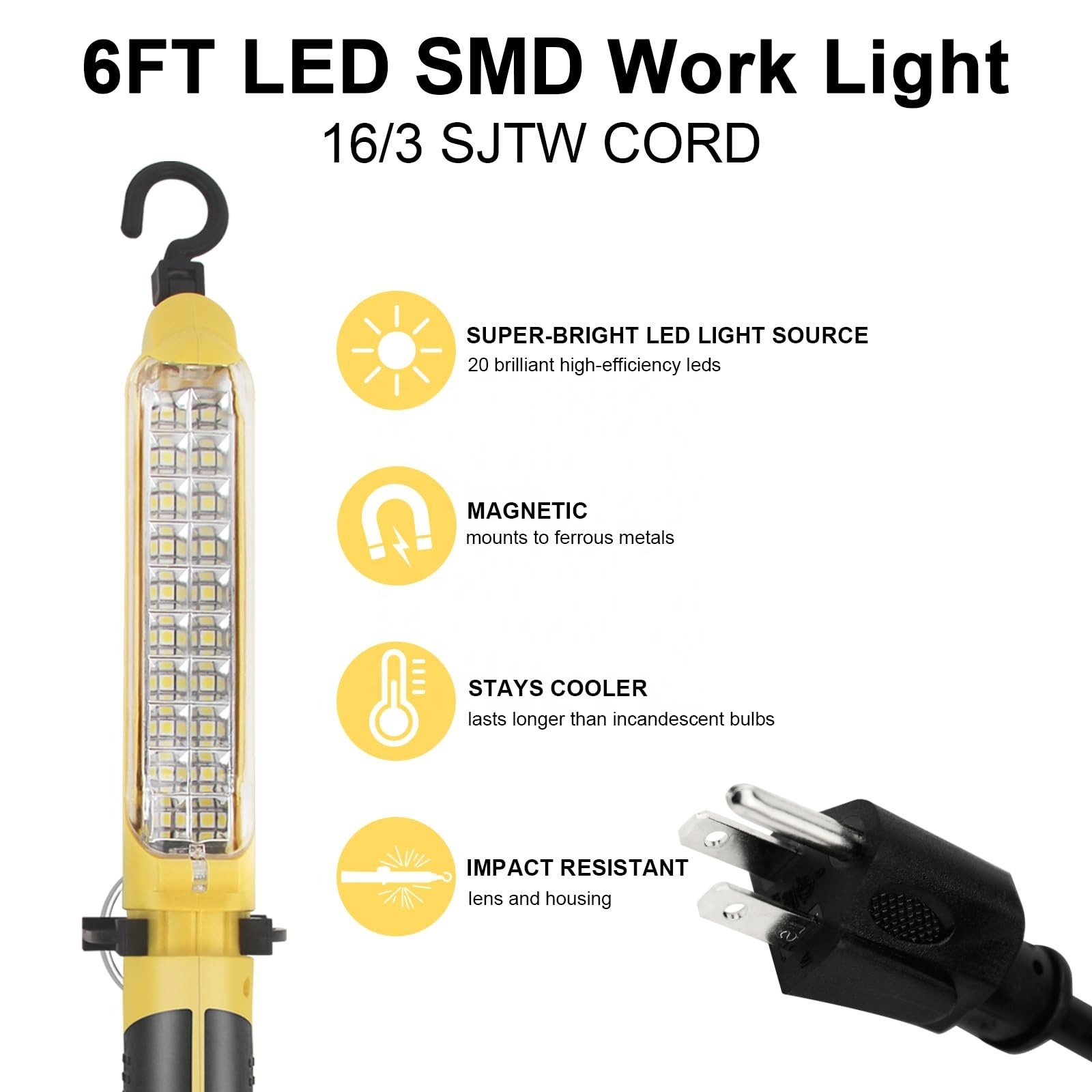 6FT Handheld Corded Work Lights with Strong Magnet LED Trouble Light with bright 20 SMD LED light source Suitable for car repair