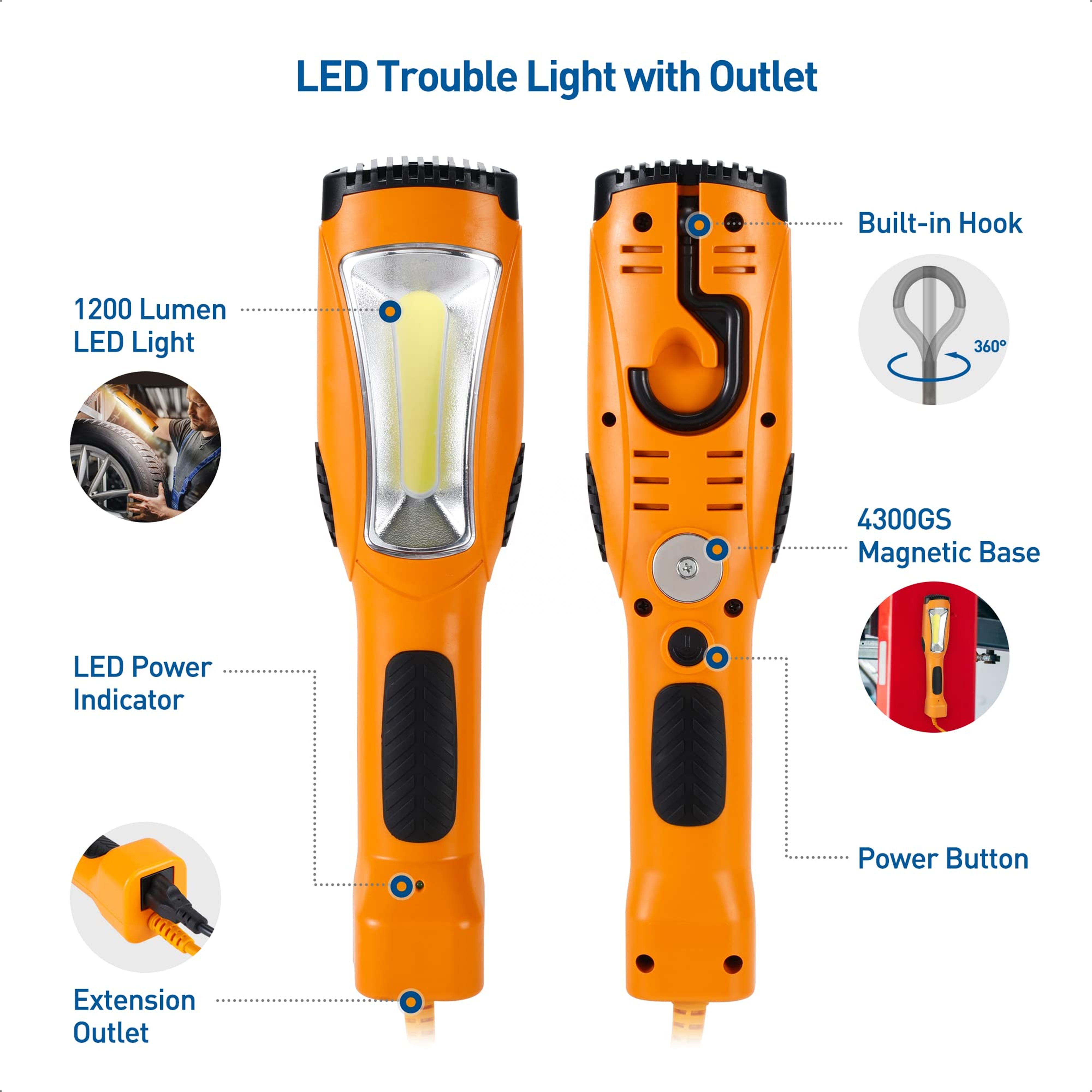 15FT Work Light/Trouble Light Magnetic Base and Built-in Handle in Orange 1200 Lumen LED Drop Light with Extension Cord