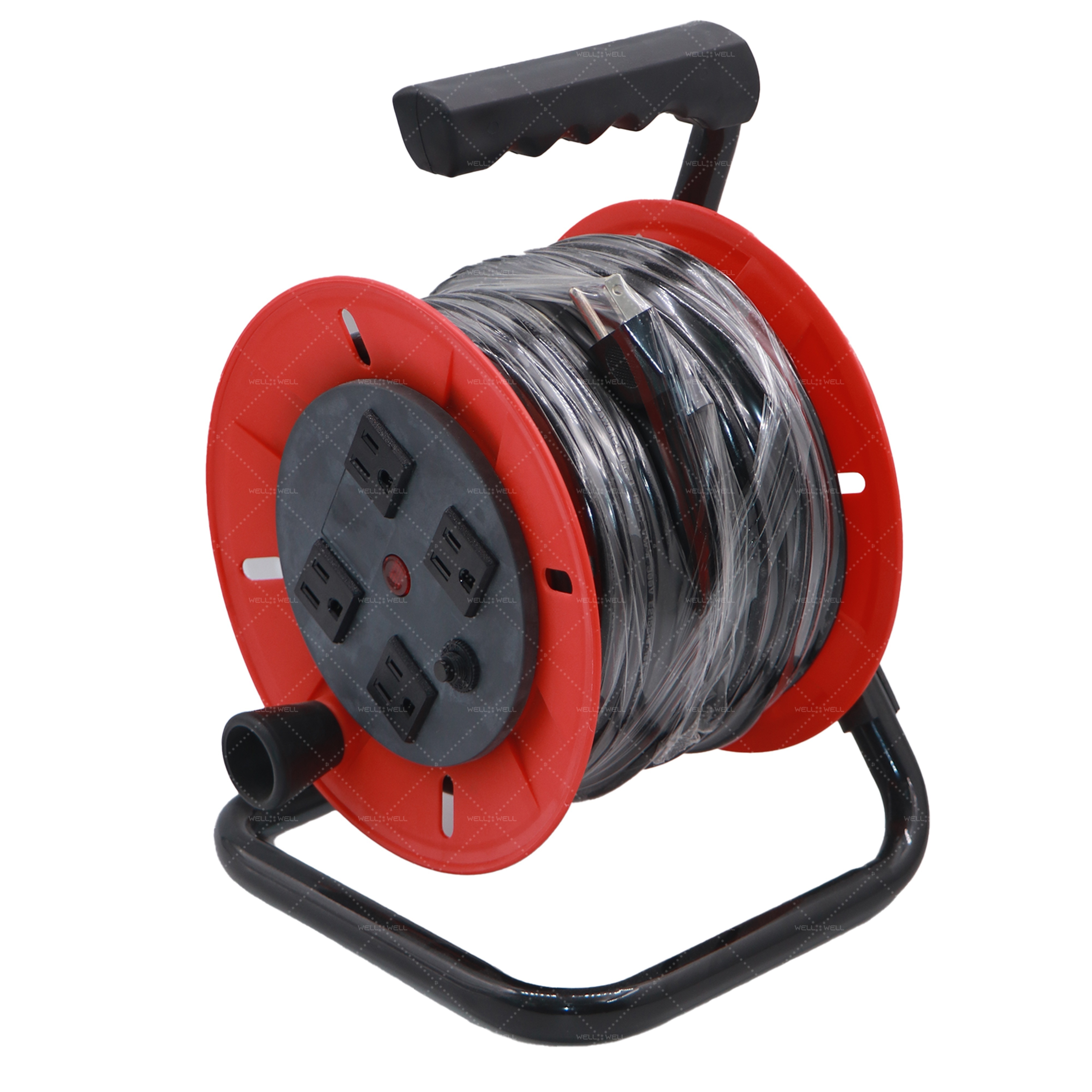 14/3 50FT SJT Metal Stand Open Cord Reel with 4 Grounded Outlets 11A Circuit Breaker Handle Rewind Retractable Extension Cord