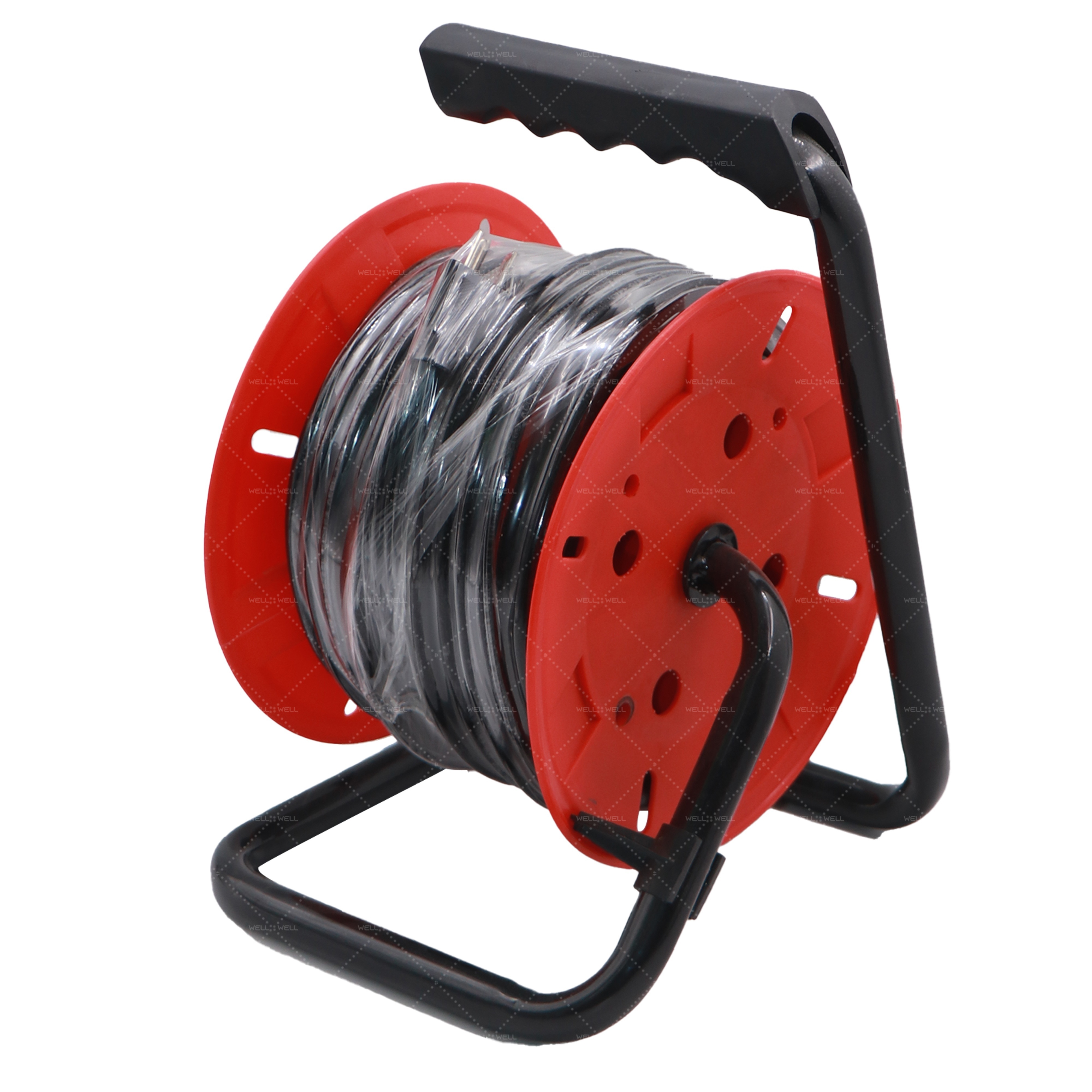 14/3 50FT SJT Metal Stand Open Cord Reel with 4 Grounded Outlets 11A Circuit Breaker Handle Rewind Retractable Extension Cord