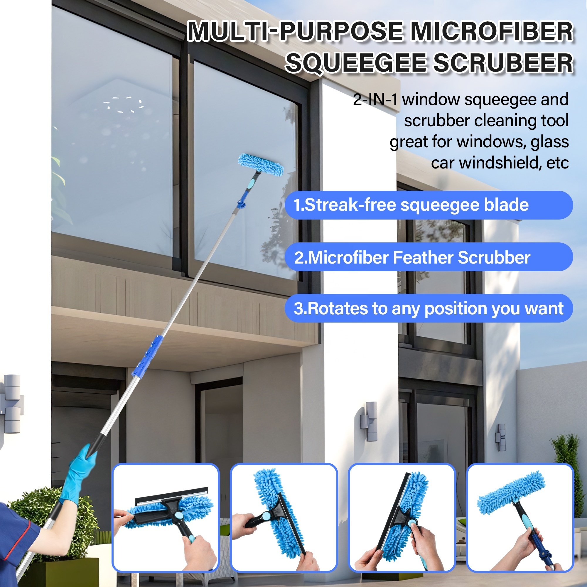 5 in 1 Aluminum Telescopic Cleaning Extension Pole Rod Kit with Microfiber Window Squeegee Feather Duster Cobweb Flexible Brush