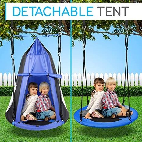 Outdoor and Indoor Kids Adjustable Height Hanging Play Round Swing with Tent