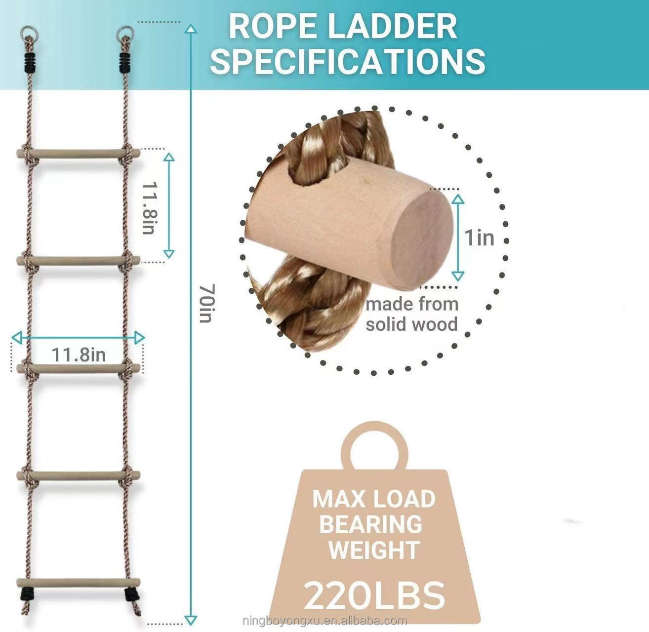 High Quality Hanging Rope Climbing Wooden  Ladder Swing 5-Step Fitness Outdoor  Children Ladder