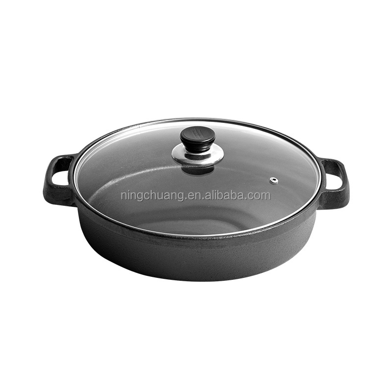 Hot selling nonstick coating cast iron 28cm saute pan with glass lid dual handle frying pan camping cookware gas charcoal grill