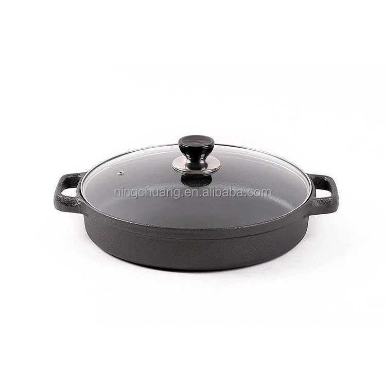 Hot selling nonstick coating cast iron 28cm saute pan with glass lid dual handle frying pan camping cookware gas charcoal grill