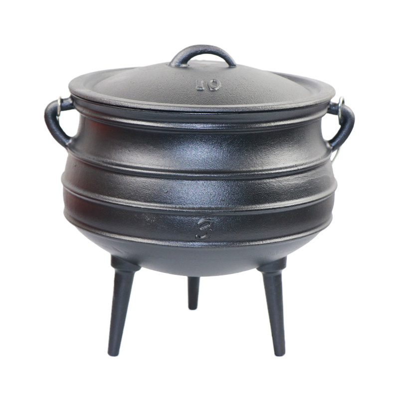 Heavy duty preseasoned cast iron kettle with a rounded bottom with three legs.