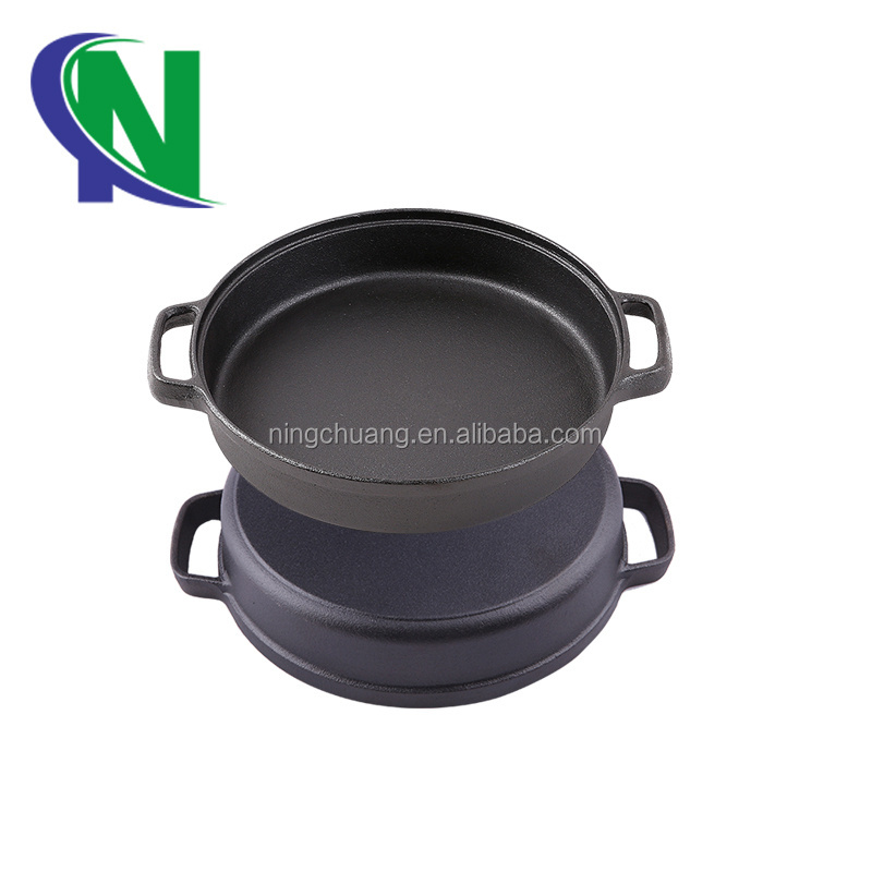 Hot selling nonstick coating cast iron 28cm saute pan with glass lid dual handle frying pan camping cookware gas charcoal grill