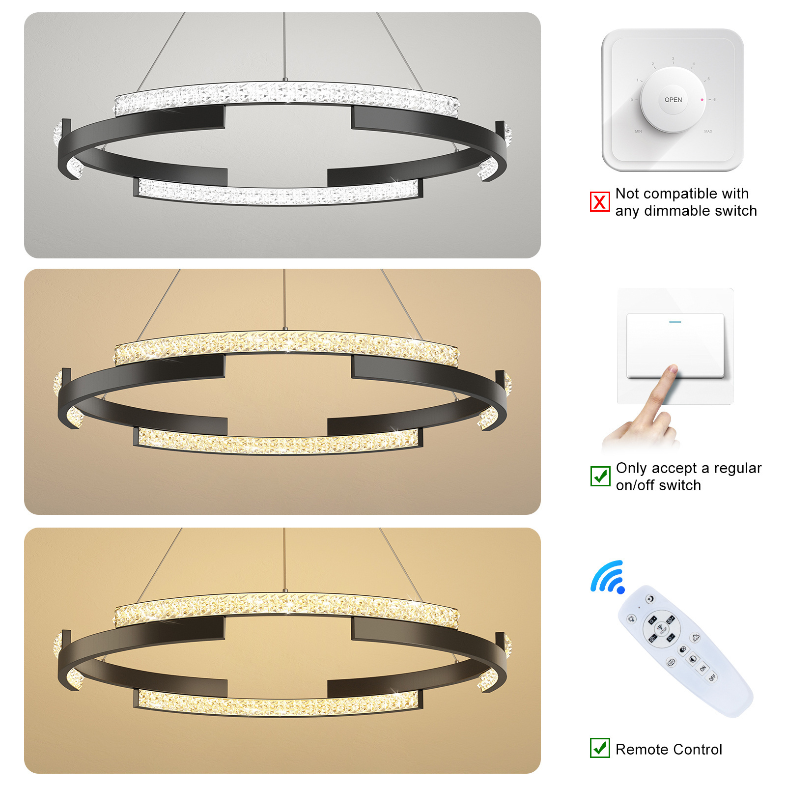 New modern indoor living room stepless dimming intelligent metal ring LED pendant lamp