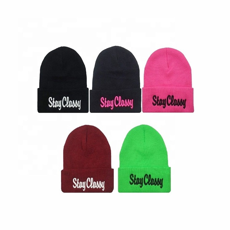 Design your own logo multi color winter knitted acrylic beanie with embroidery logo