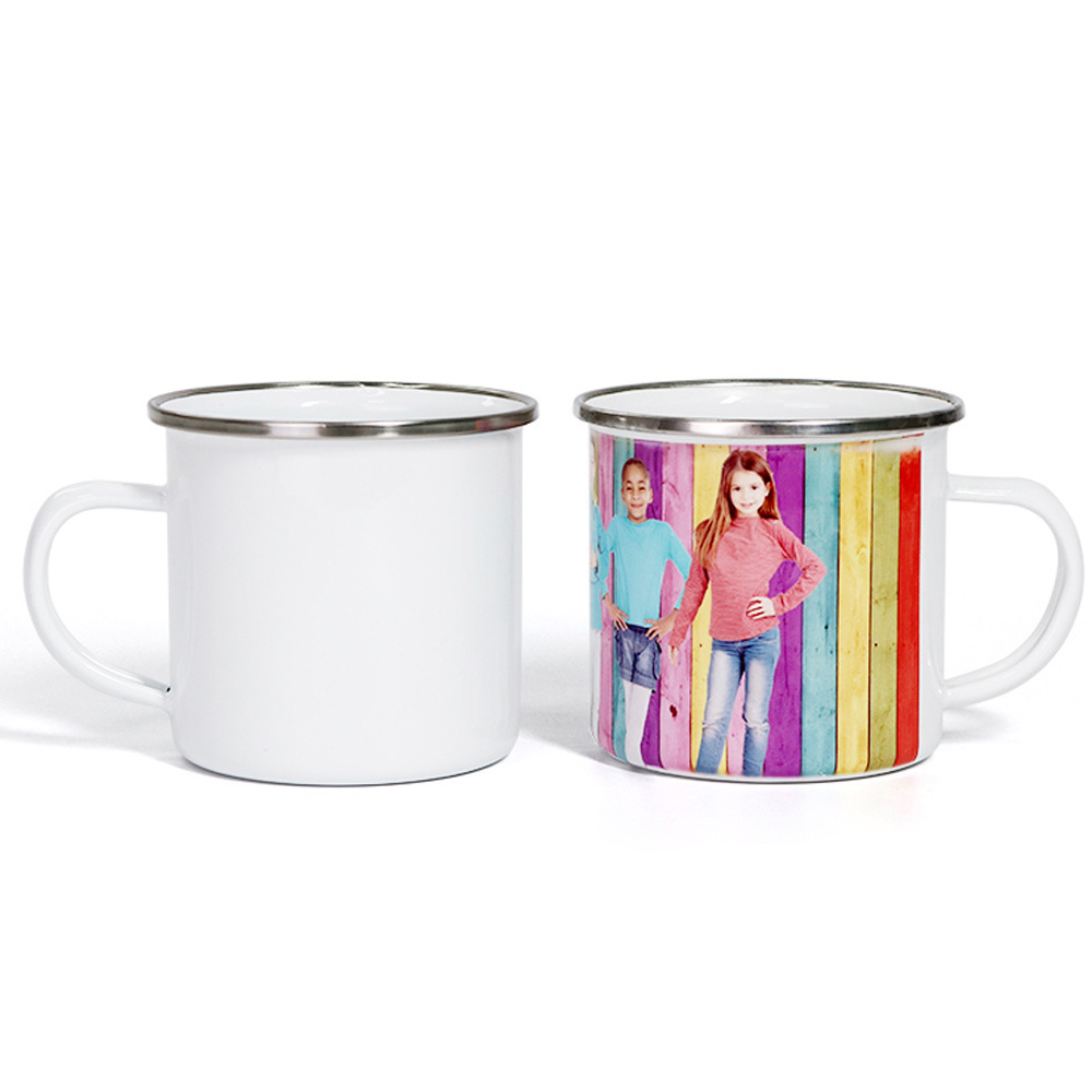 12 OZ Sublimation Blanks White Enamel Mug With Silver Rim For Camping/Travel/Coffee