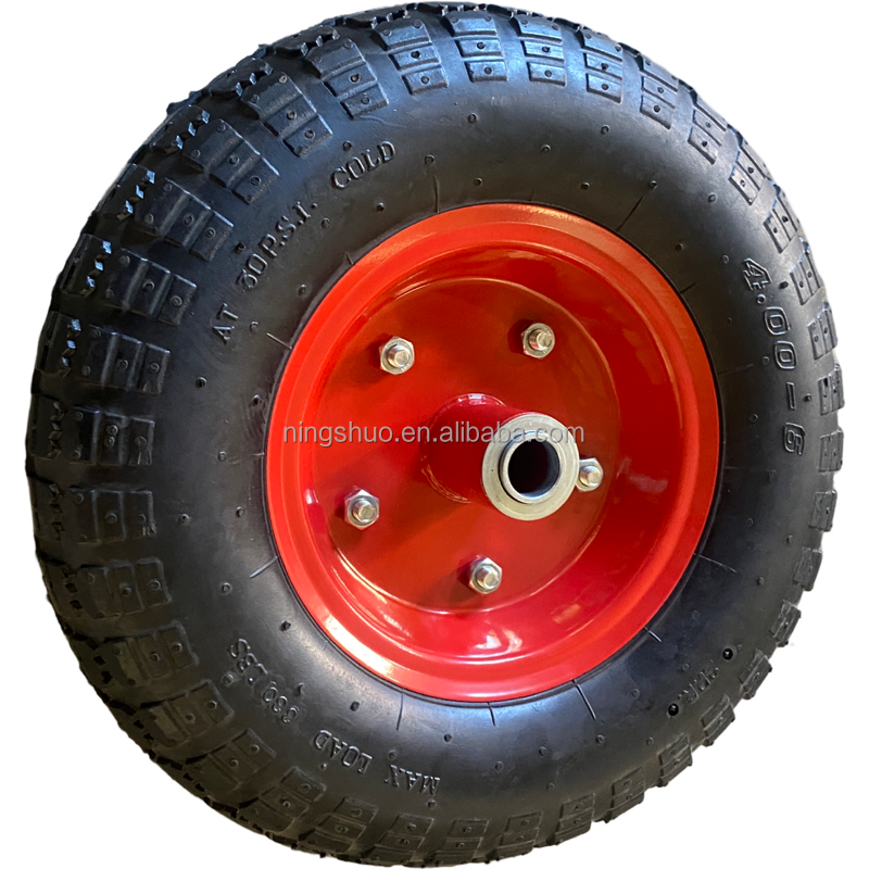 Manufacturer High Quality red metal rim hand truck replacement tires 4.00-6 wheelbarrow air 13 inch pneumatic rubber wheels