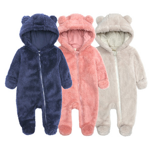 Best Selling New Born Winter Baby Clothes Jumpsuit Zipper Thick Fleece Hooded Baby Onesie