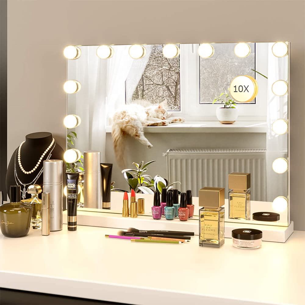 Hollywood Makeup Mirror with Bluetooth Speaker and Lights, , Large Vanity Lighted Mirror with 15 LED Bulb