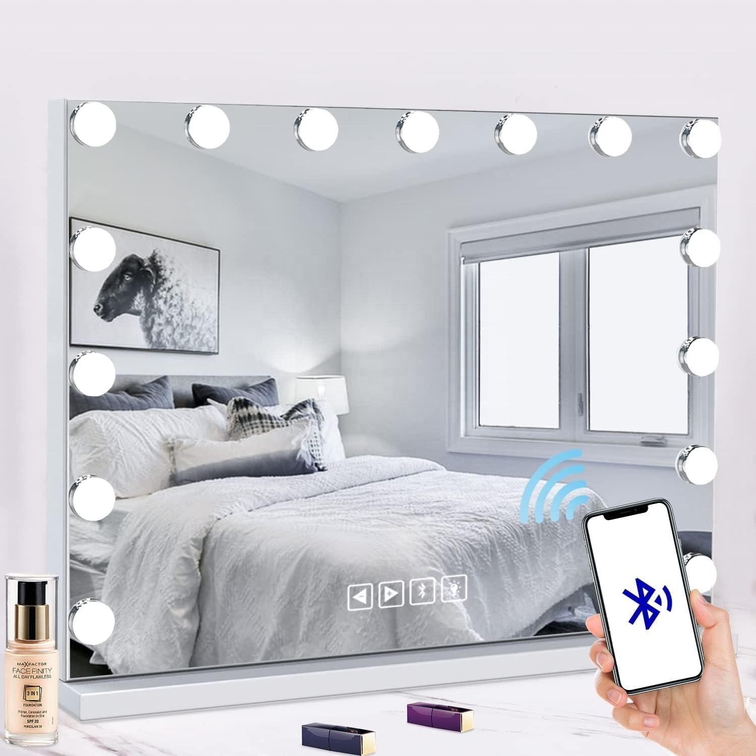 Hollywood Makeup Mirror with Bluetooth Speaker and Lights, , Large Vanity Lighted Mirror with 15 LED Bulb