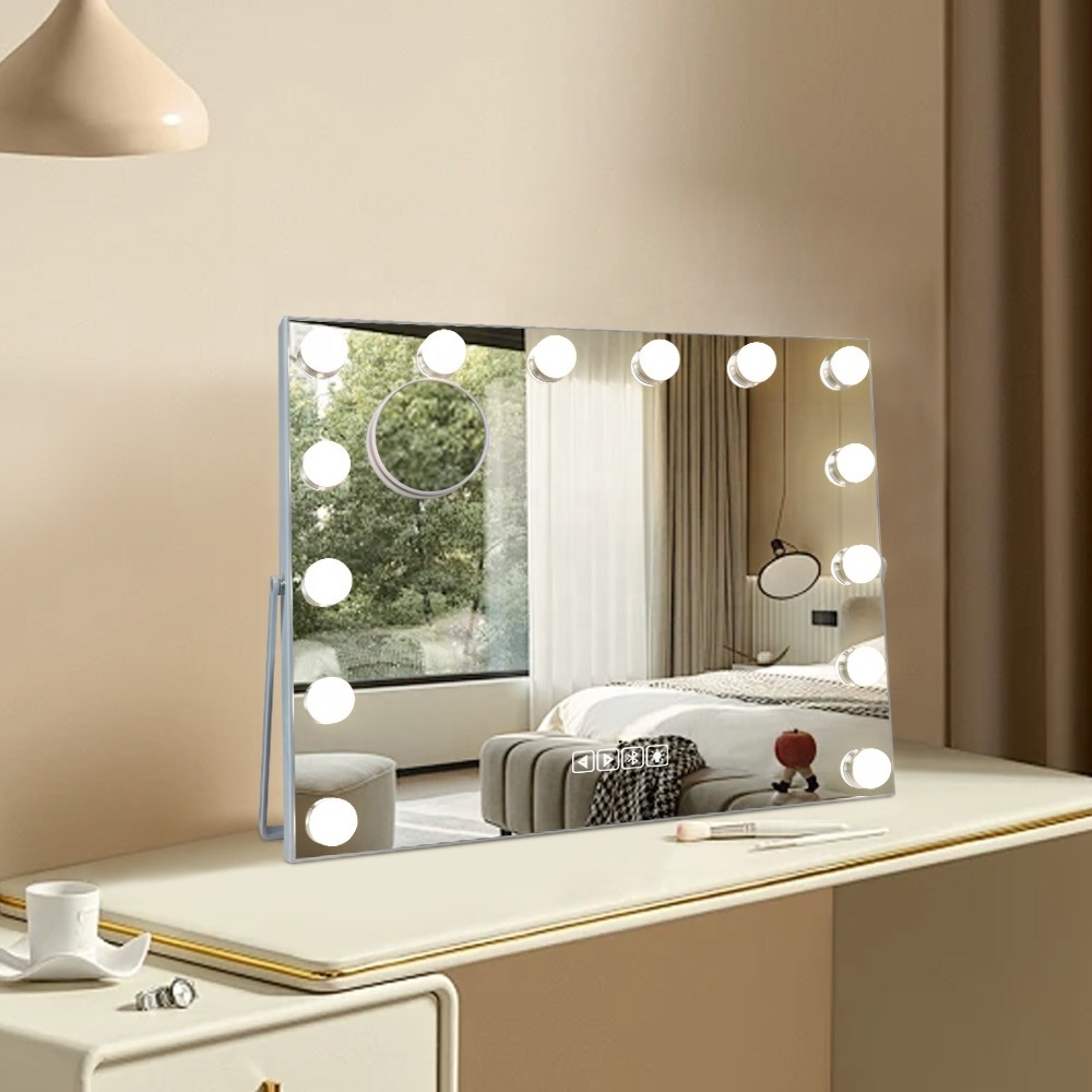 Bluetooth Function Hollywood Style 50*40cm Bulbs Lighted  Makeup Tabletop Vanity Mirror With Led Lights