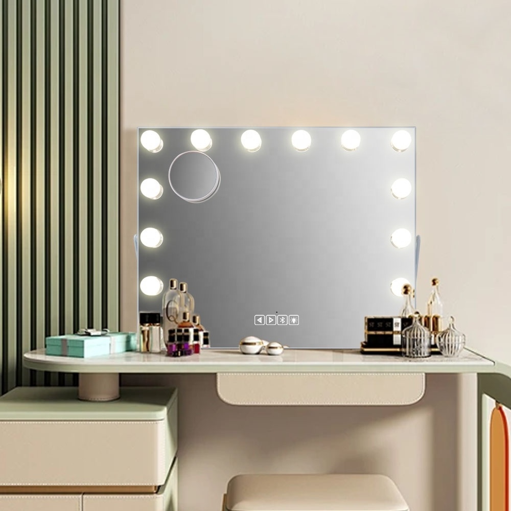 Bluetooth Function Hollywood Style 50*40cm Bulbs Lighted  Makeup Tabletop Vanity Mirror With Led Lights