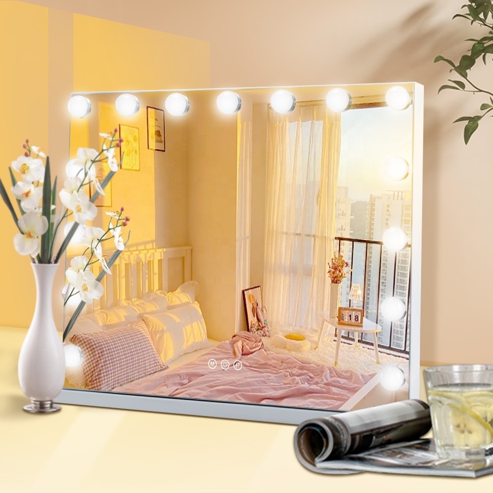 Hollywood Led Lighting Table Vanity Mirror with 3 Key Touch Dimming Led 15 Light Bulbs for Bedroom Dressing Table