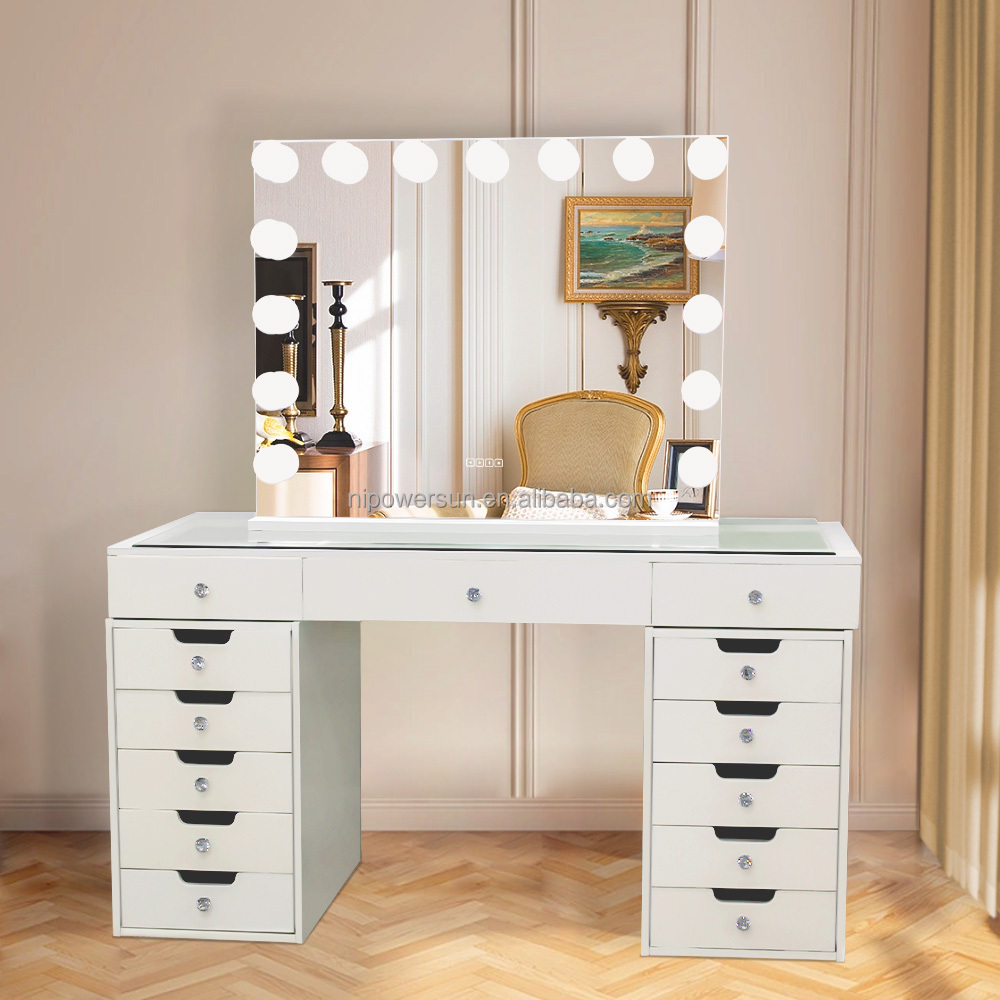 Stock up for Christmas Customizable Smart Luxury Makeup Vanity Table Storage Drawer Dressing Table Mirrored Dresser With Light