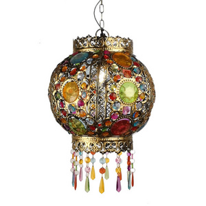 Vintage Reproduction Gypsy Beaded Brass Colored Moroccan Beaded Chandelier Hanging Decor Metal Pendant Oriental Lantern Light