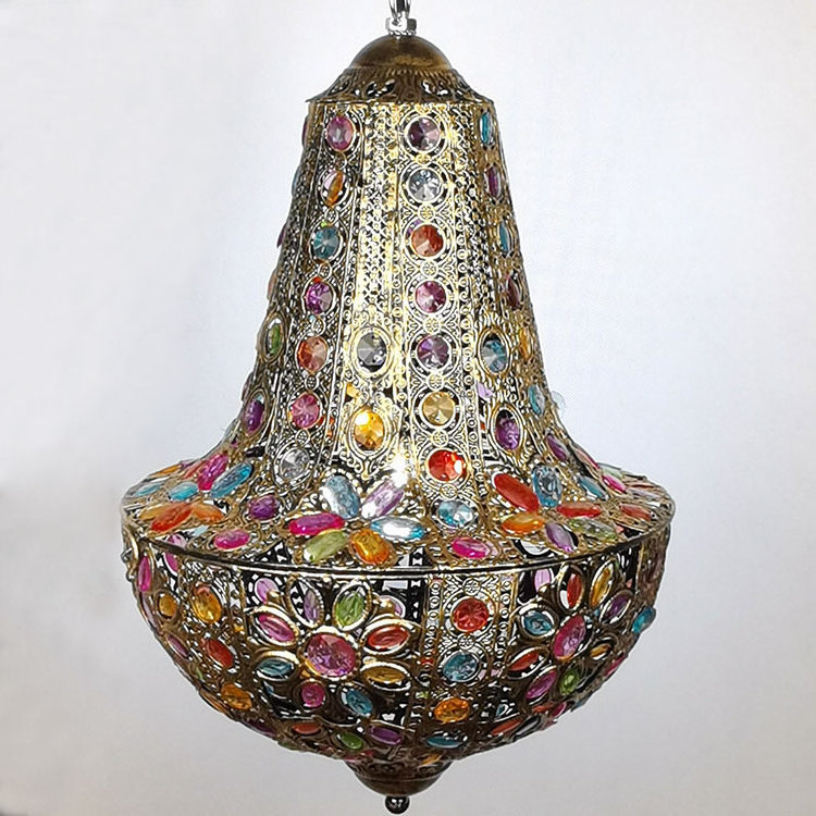 Handmade Antique Brass Moroccan Style Colored Chandeliers For Home  Luxury Boho Old Lantern Pendant Lights Fixture