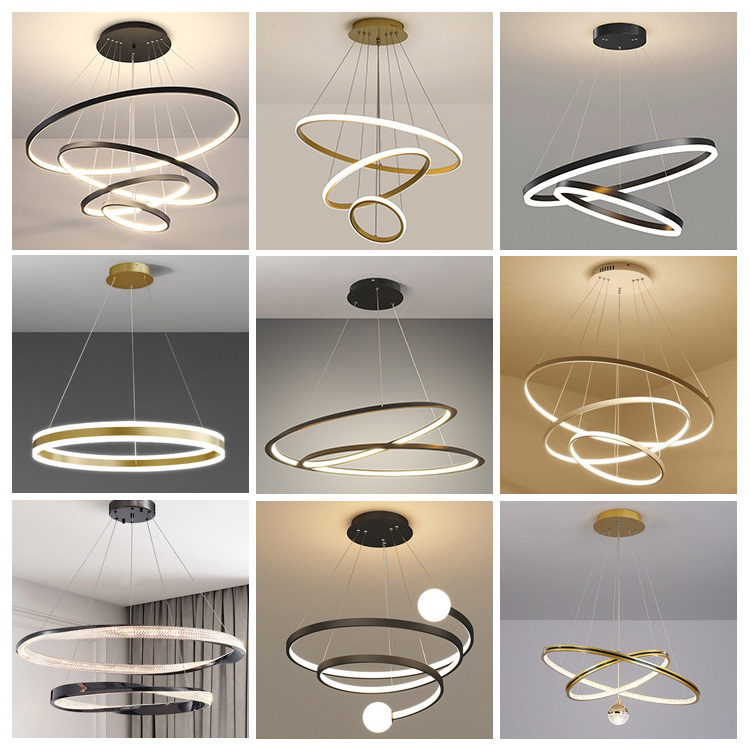 Home Decor Modern Lamp Living Room Hotel Circle Hanging Pendant Light Design 3 Ring Acrylic Gold Luxury Round Led Chandelier