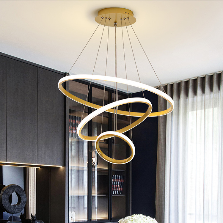 Home Decor Modern Lamp Living Room Hotel Circle Hanging Pendant Light Design 3 Ring Acrylic Gold Luxury Round Led Chandelier