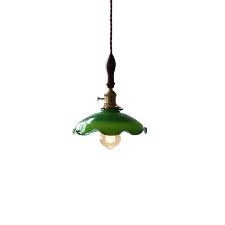 Vintage Mid-Century Brass Finish Green Glass Lampshade Hanging Lamps Living Dining Room E27 Chandelier Pendant Light Fixture